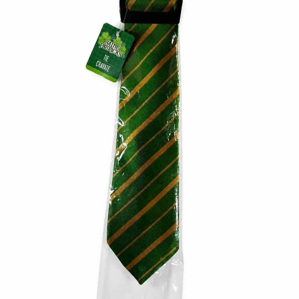 NWT St Patricks Day Tie Mens Green Gold Diagonal Striped Irish Cravate Necktie